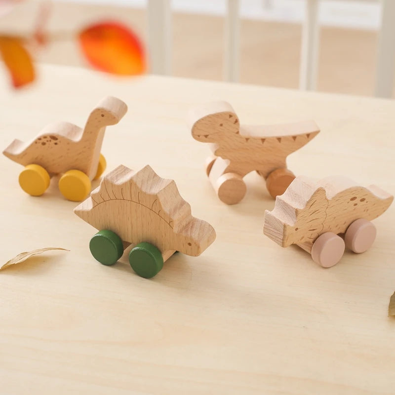 Montessori Wooden Dinosaur Push Toy Set – Rolling Dinos for Toddlers & Kids