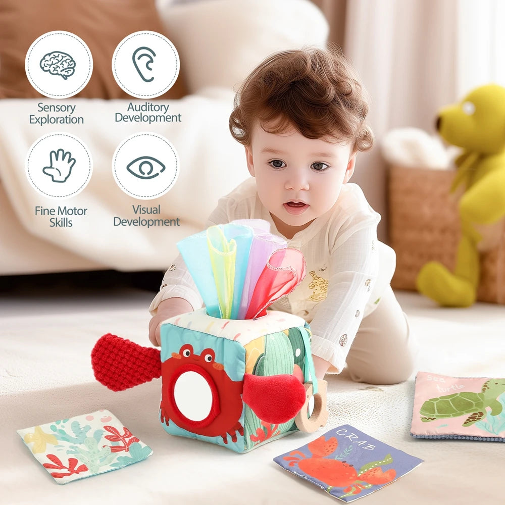 Multi-Sensory Activity Cube for Babies – Peek-A-Boo, Scarf Pull & Teether Toy