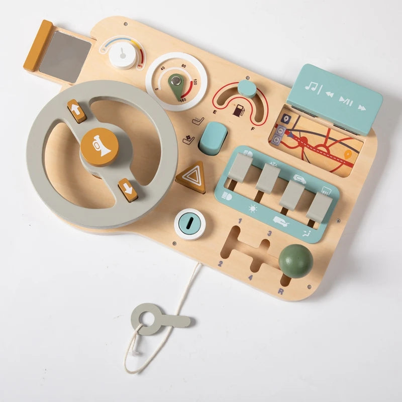 Wooden Car Dashboard Busy Board – Montessori Driving Toy for Toddlers