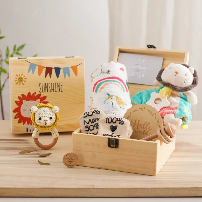 Deluxe Newborn Baby Gift Box – Plush Animal, Swaddle, Rattle & Keepsakes