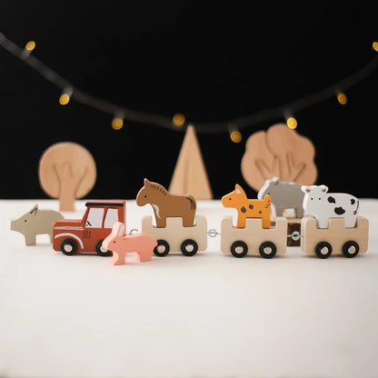Montessori Wooden Pull Train with Animals – 2-in-1 Stacking & Rolling Toy Set