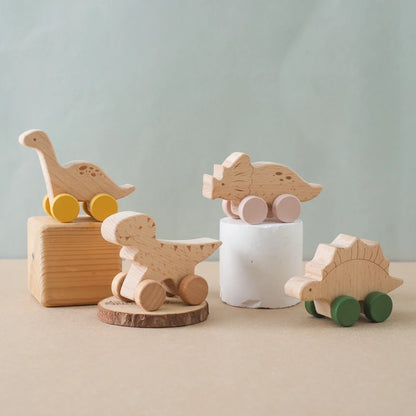 Montessori Wooden Dinosaur Push Toy Set – Rolling Dinos for Toddlers & Kids
