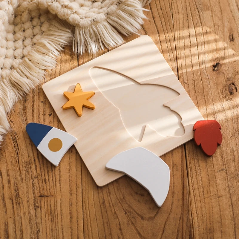 Wooden Space Puzzle Set for Toddlers – Planet, Rocket & Astronaut Educational Toy