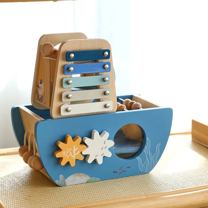 5-in-1 Wooden Activity Boat – Toddler Montessori Ocean-Themed Toy