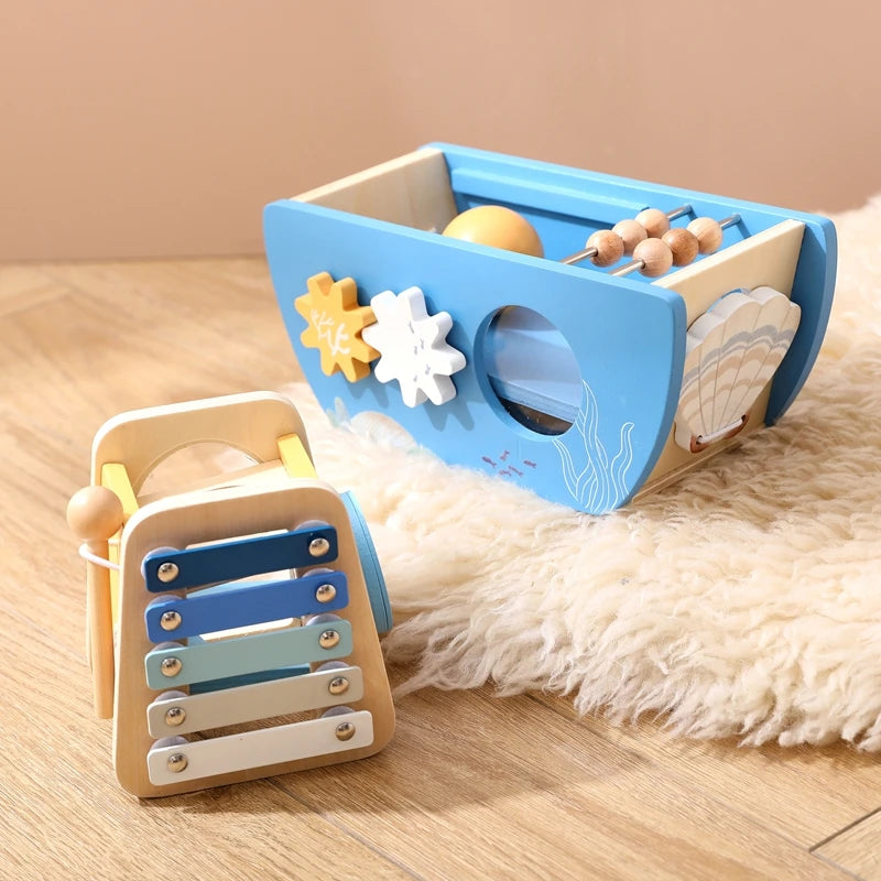 5-in-1 Wooden Activity Boat – Toddler Montessori Ocean-Themed Toy