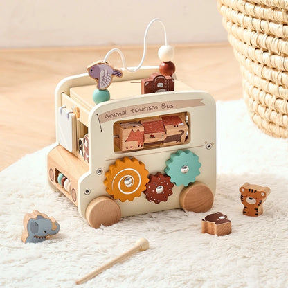 Wooden Montessori Activity Bus  – Sensory and Motor Skills Toddlers