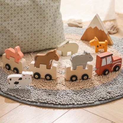 Montessori Wooden Pull Train with Animals – 2-in-1 Stacking & Rolling Toy Set