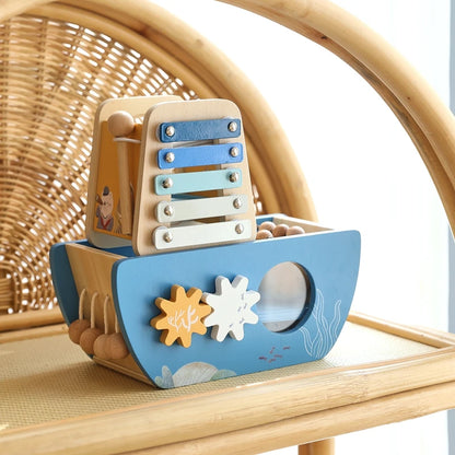 5-in-1 Wooden Activity Boat – Toddler Montessori Ocean-Themed Toy
