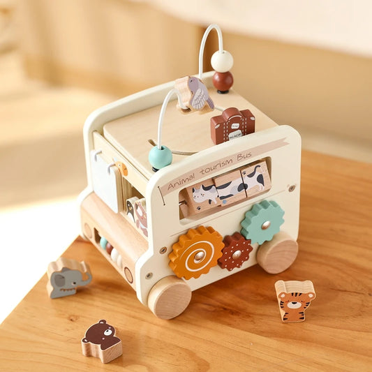 Wooden Montessori Activity Bus  – Sensory and Motor Skills Toddlers