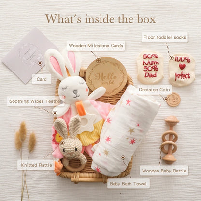 Deluxe Newborn Baby Gift Box – Plush Animal, Swaddle, Rattle & Keepsakes
