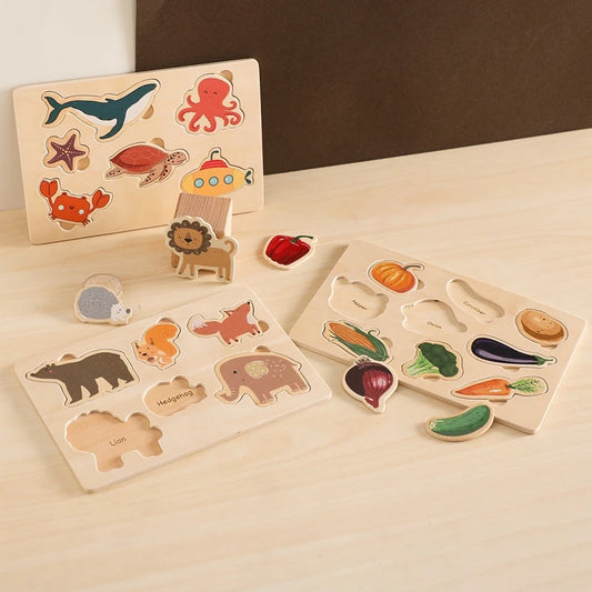 Montessori Wooden Toddler Puzzle Set – Animals, Vegetables & Ocean Themes