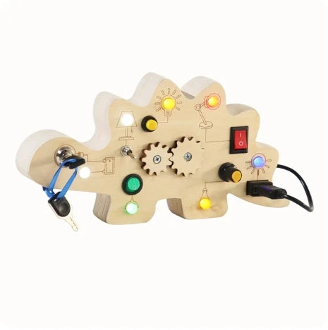 Montessori Wooden Dinosaur Busy Board – LED Light Switches, Buttons & Sensory Learning