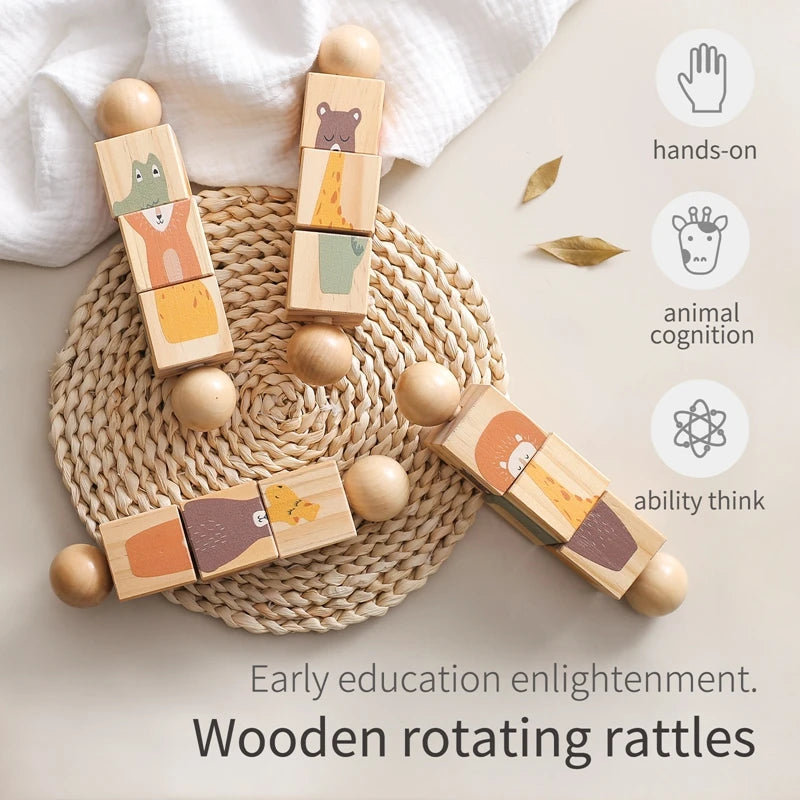 Montessori Wooden Rotating Animal Rattle – Early Learning Sensory Toy for Babies & Toddlers