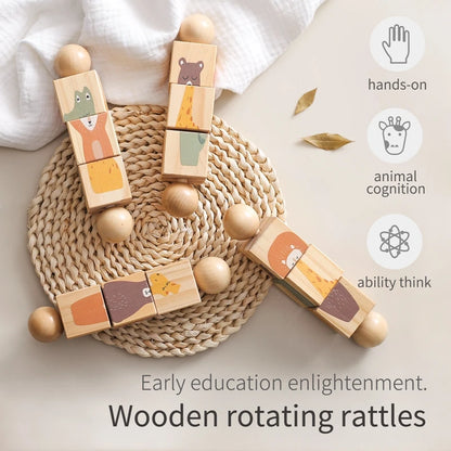 Montessori Wooden Rotating Animal Rattle – Early Learning Sensory Toy for Babies & Toddlers