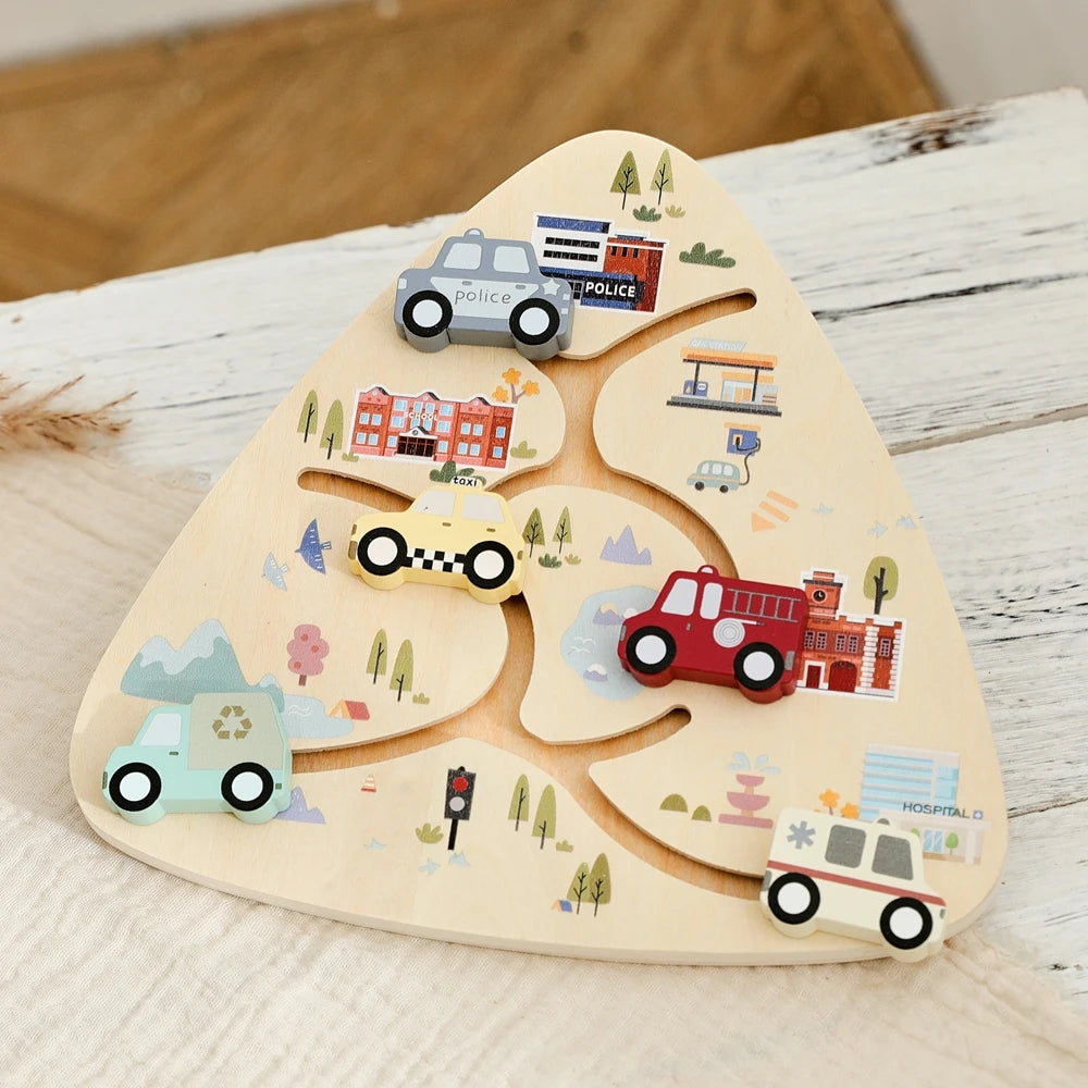 Wooden Vehicle Sliding Puzzle for Toddlers – Educational Montessori Traffic Toy
