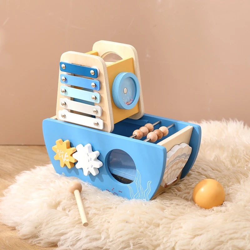 5-in-1 Wooden Activity Boat – Toddler Montessori Ocean-Themed Toy