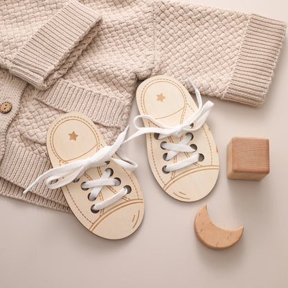 Wooden Lacing Shoe Toy Montessori  Threading Board Educational Toy 3d Puzzle Game Accessory Interactive Toys For Toddlers Gifts