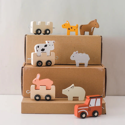 Montessori Wooden Pull Train with Animals – 2-in-1 Stacking & Rolling Toy Set