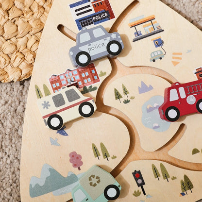 Wooden Vehicle Sliding Puzzle for Toddlers – Educational Montessori Traffic Toy