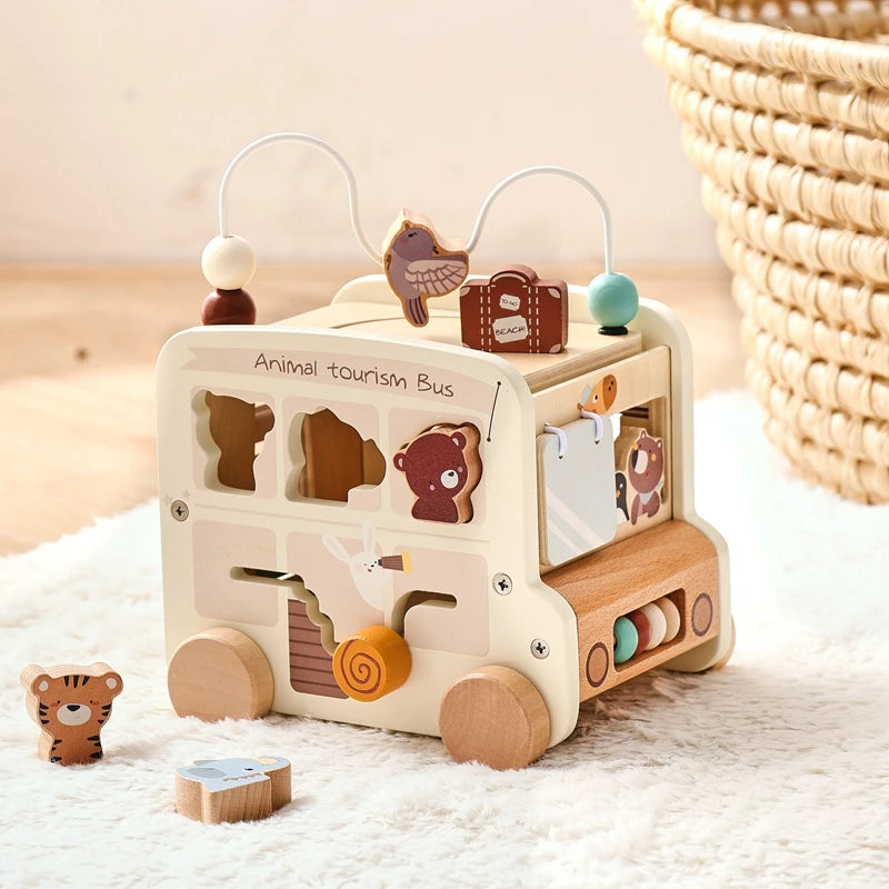 Wooden Montessori Activity Bus  – Sensory and Motor Skills Toddlers