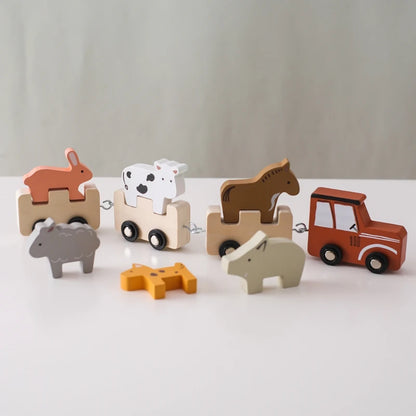 Montessori Wooden Pull Train with Animals – 2-in-1 Stacking & Rolling Toy Set