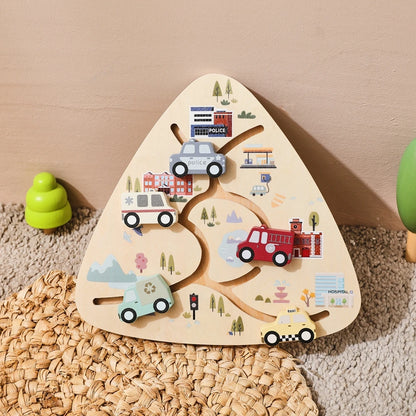 Wooden Vehicle Sliding Puzzle for Toddlers – Educational Montessori Traffic Toy