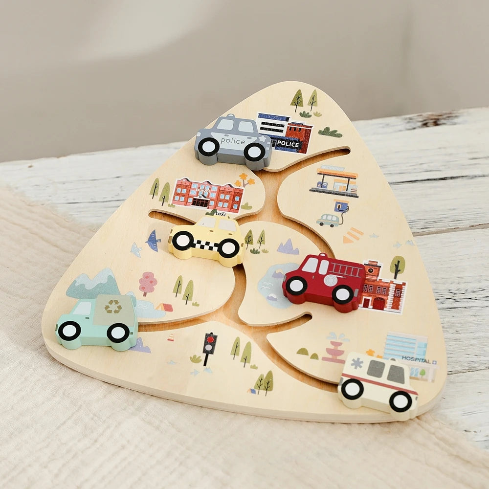 Wooden Vehicle Sliding Puzzle for Toddlers – Educational Montessori Traffic Toy