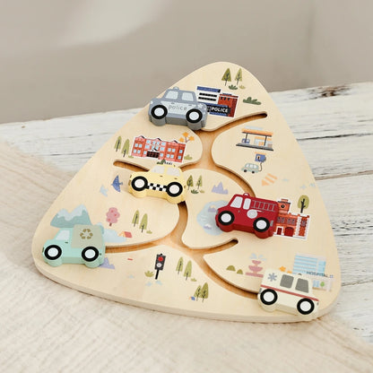 Wooden Vehicle Sliding Puzzle for Toddlers – Educational Montessori Traffic Toy