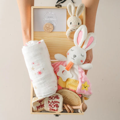 Deluxe Newborn Baby Gift Box – Plush Animal, Swaddle, Rattle & Keepsakes