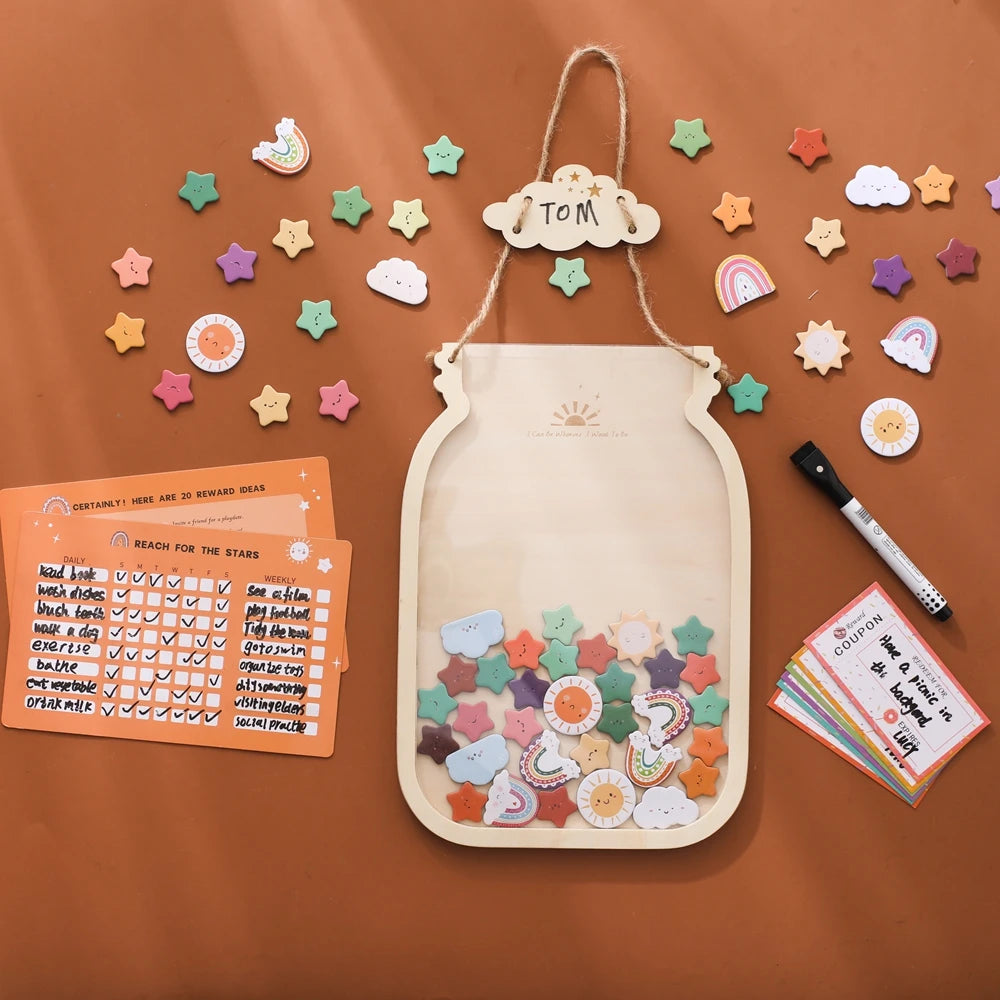 Wooden Reward Jar for Kids – Behavior Chart with Tokens, Habit Tracker & Coupons