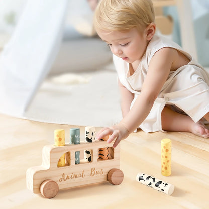 Montessori Wooden Pop-Up Animal Bus Toy
