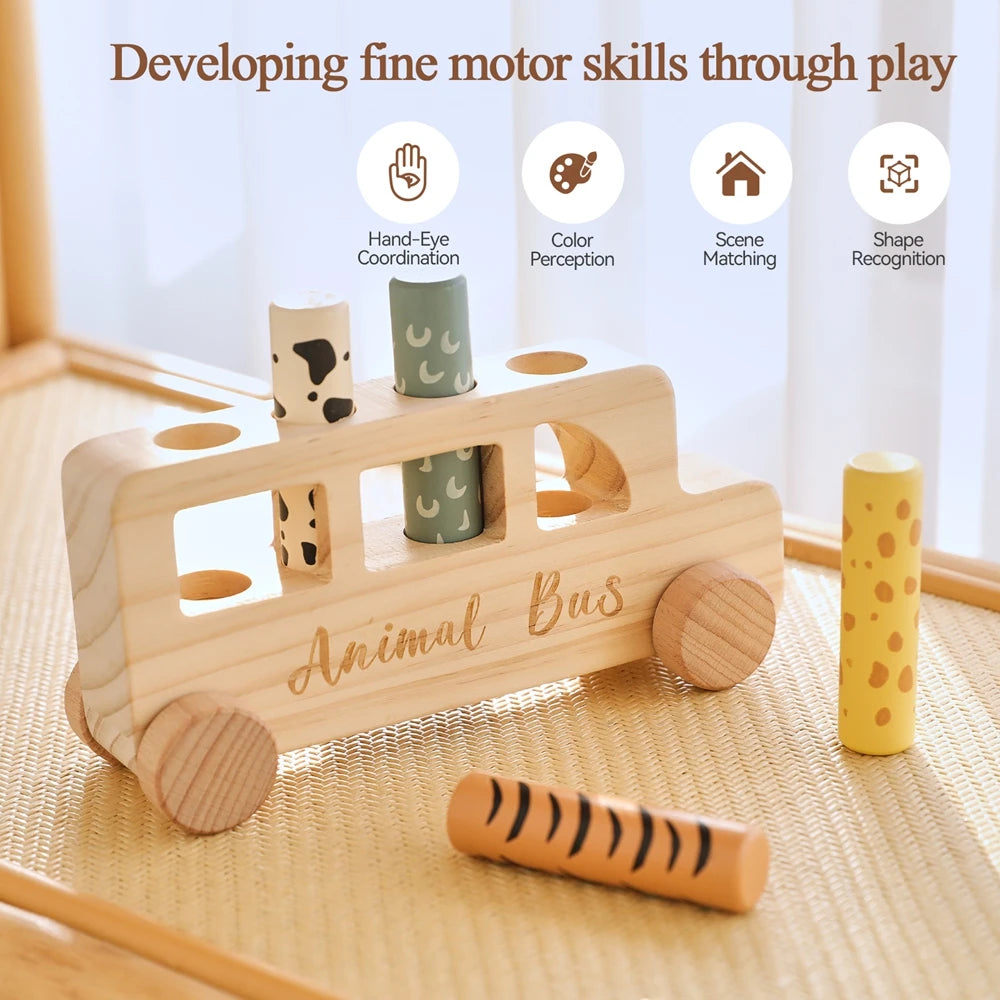 Montessori Wooden Pop-Up Animal Bus Toy
