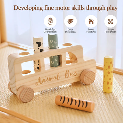 Montessori Wooden Pop-Up Animal Bus Toy