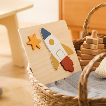 Wooden Space Puzzle Set for Toddlers – Planet, Rocket & Astronaut Educational Toy