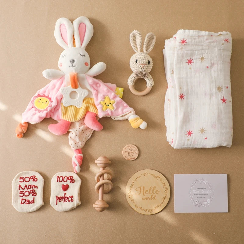 Deluxe Newborn Baby Gift Box – Plush Animal, Swaddle, Rattle & Keepsakes