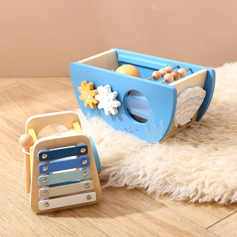 5-in-1 Wooden Activity Boat – Toddler Montessori Ocean-Themed Toy