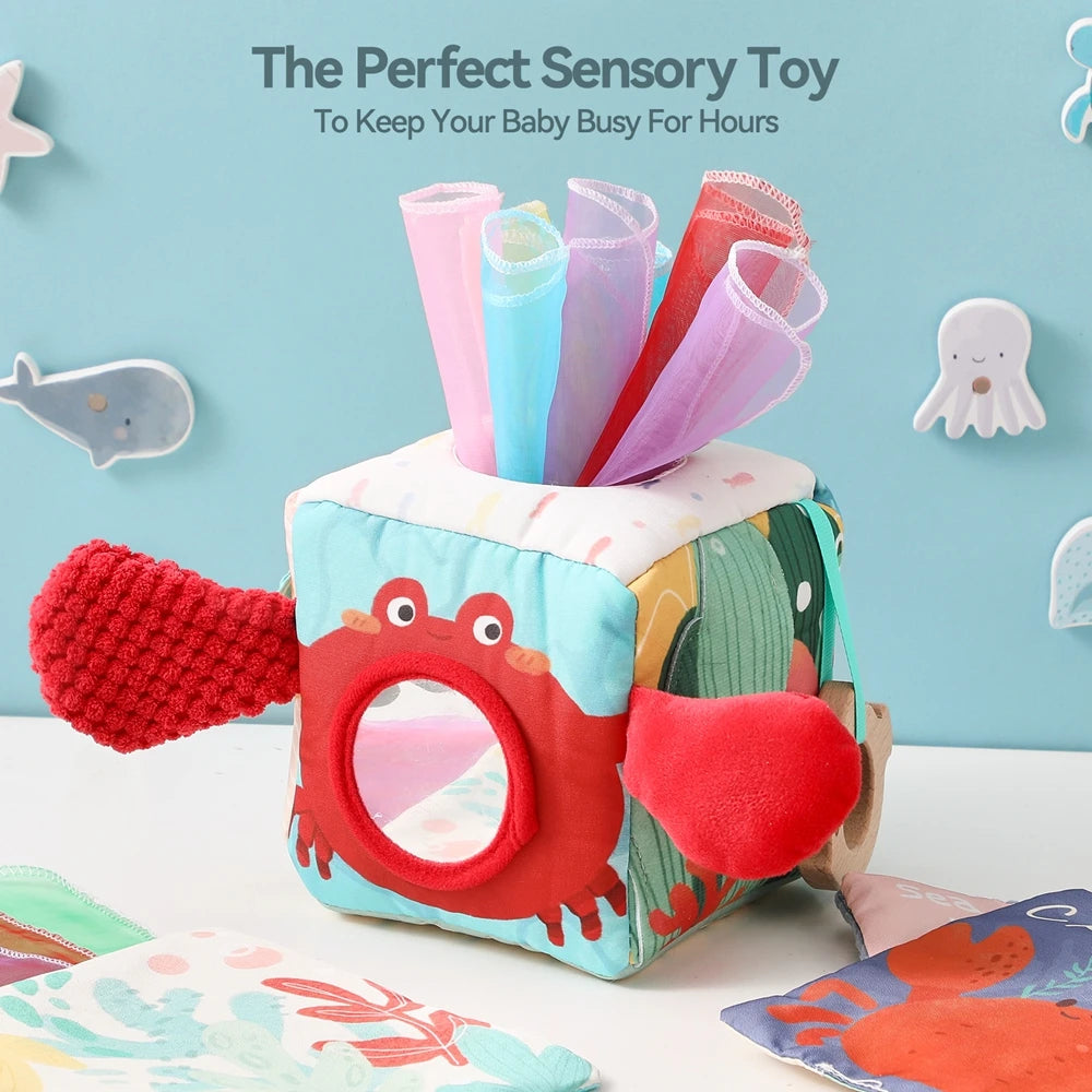 Multi-Sensory Activity Cube for Babies – Peek-A-Boo, Scarf Pull & Teether Toy