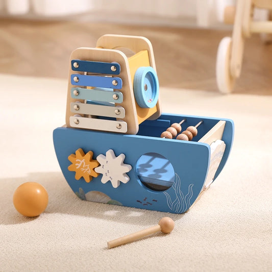 5-in-1 Wooden Activity Boat – Toddler Montessori Ocean-Themed Toy