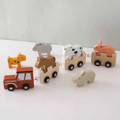 Montessori Wooden Pull Train with Animals – 2-in-1 Stacking & Rolling Toy Set