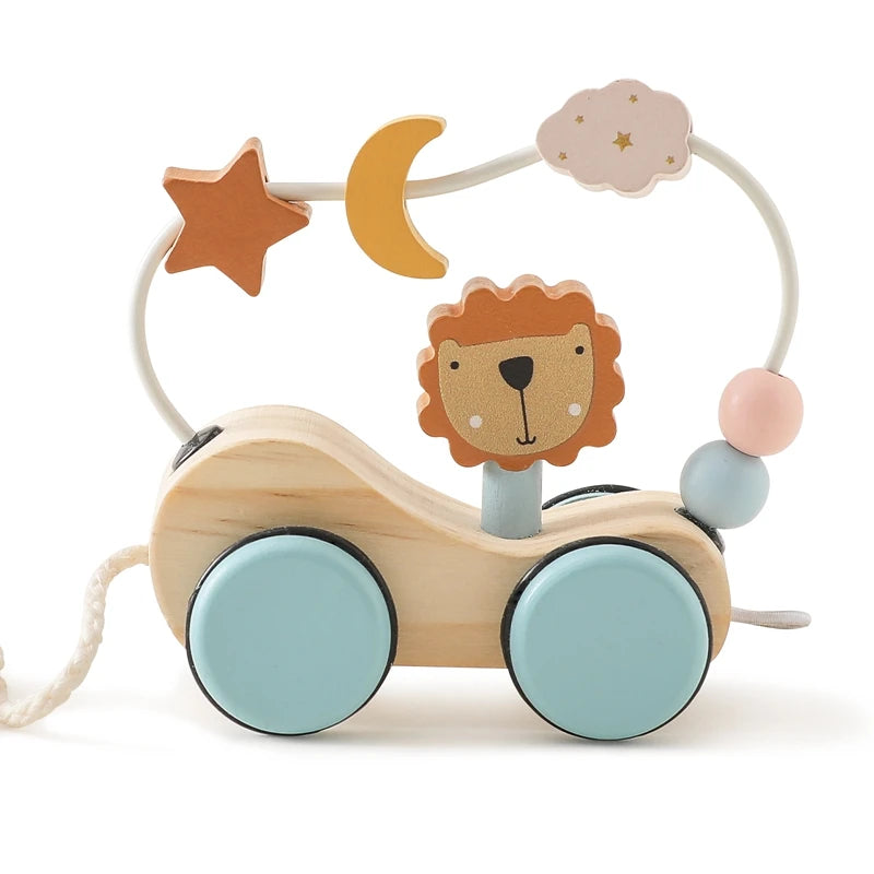 Wooden Lion Pull Toy with Bead Maze – Montessori Toddler Activity Toy
