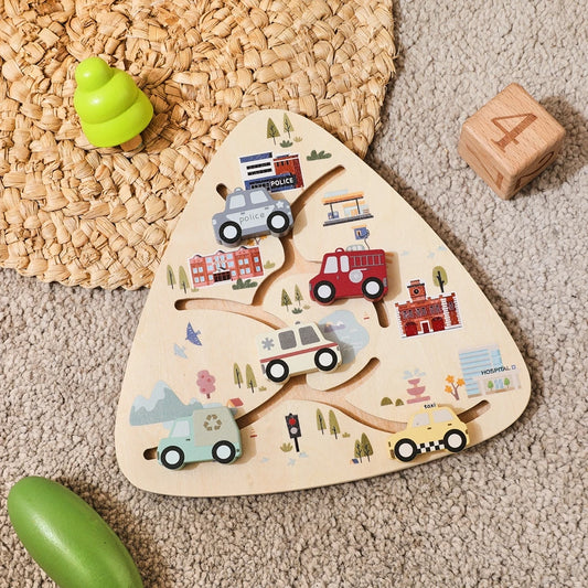 Wooden Vehicle Sliding Puzzle for Toddlers – Educational Montessori Traffic Toy