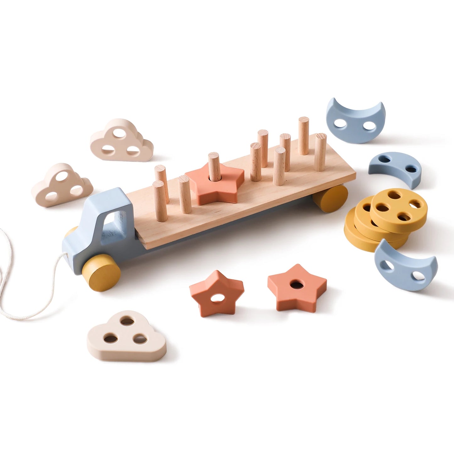 Wooden Stacking Shape Truck – Montessori Pull Toy with Stars, Moons & Clouds