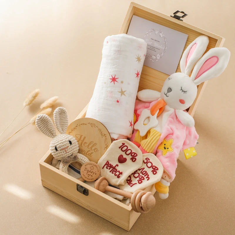 Deluxe Newborn Baby Gift Box – Plush Animal, Swaddle, Rattle & Keepsakes