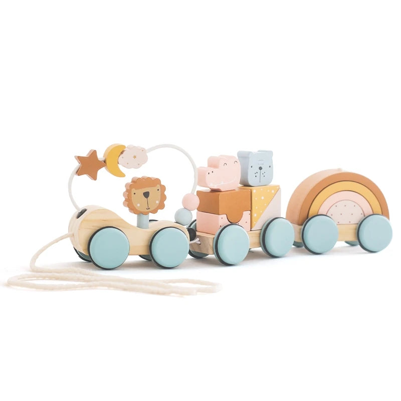 Wooden Pull-Along Animal Train – Montessori Toddler Toy with Stacking Blocks & Rainbow