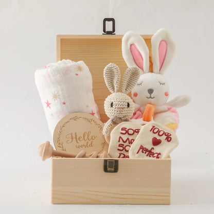 Deluxe Newborn Baby Gift Box – Plush Animal, Swaddle, Rattle & Keepsakes